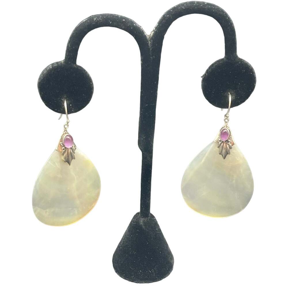 Mother of Pearl Purple Jade Gemstone Earrings MOP 925 French Wire Hook 2.4" Drop